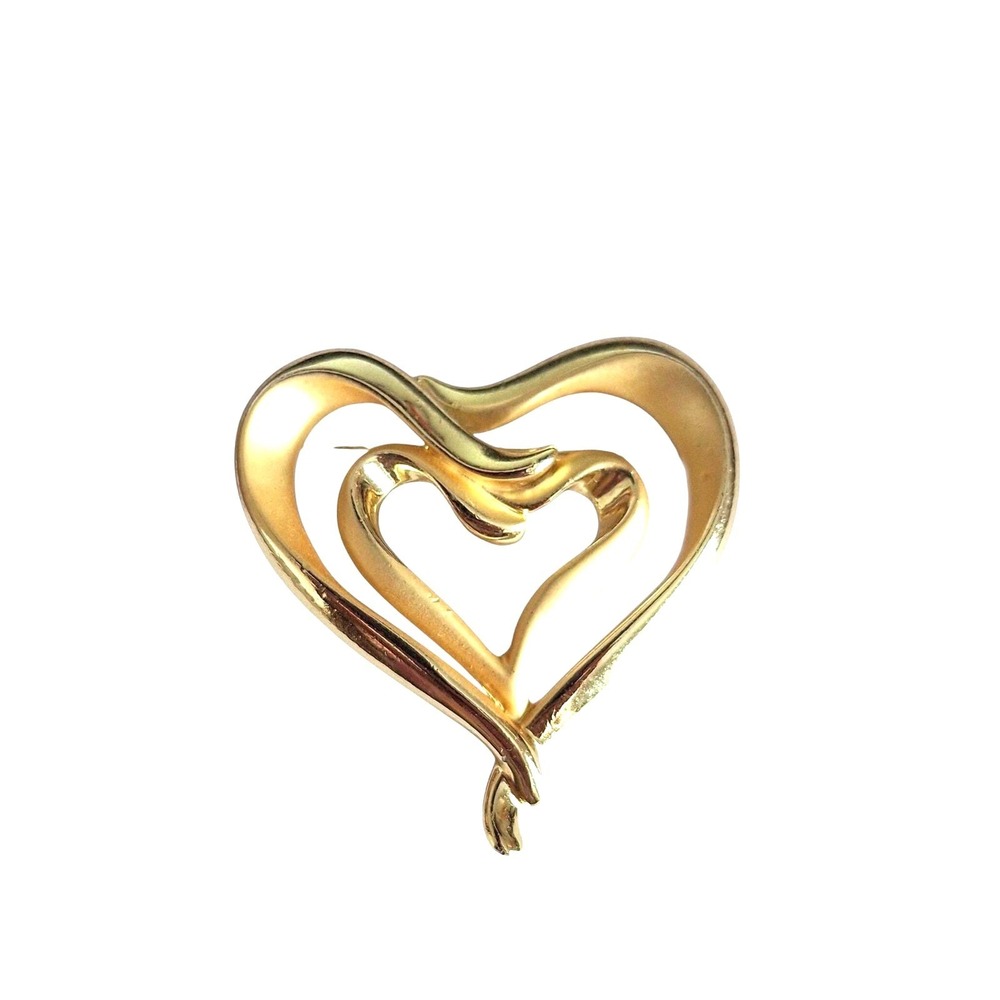 Vintage Gold Tone Double Intertwined Heart Brooch Pin Romantic Open Heart 2 Inch